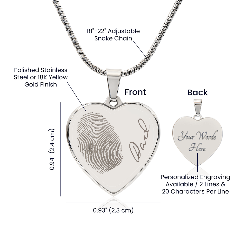 Personalized Fingerprint Heart Necklace: Engraved Handwriting, Gold or Silver